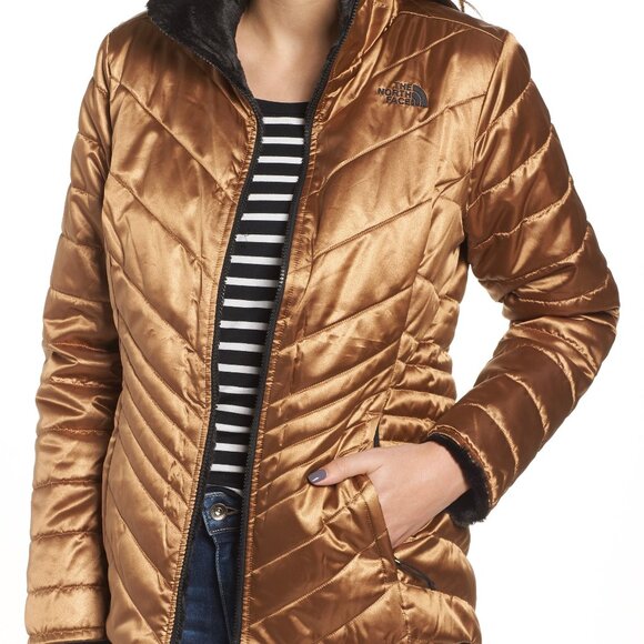 The North Face NWT reversible metallic copper Mossbud/black fleece zip jacket M - Picture 7 of 13